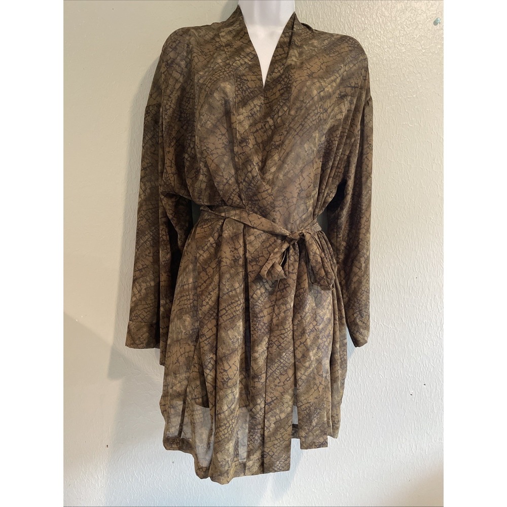 Vintage 90s Victoria's Secret Animal Print SEXY‎ Short Robe Pockets Green Sheer